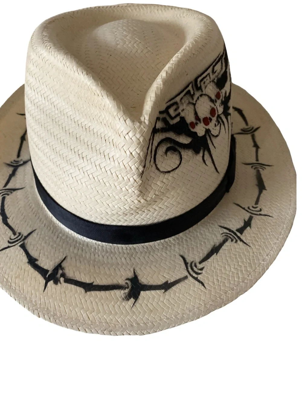 Run A Muck Straw Fedora Hat with Black Chicano Artwork and Black Band - M handpa